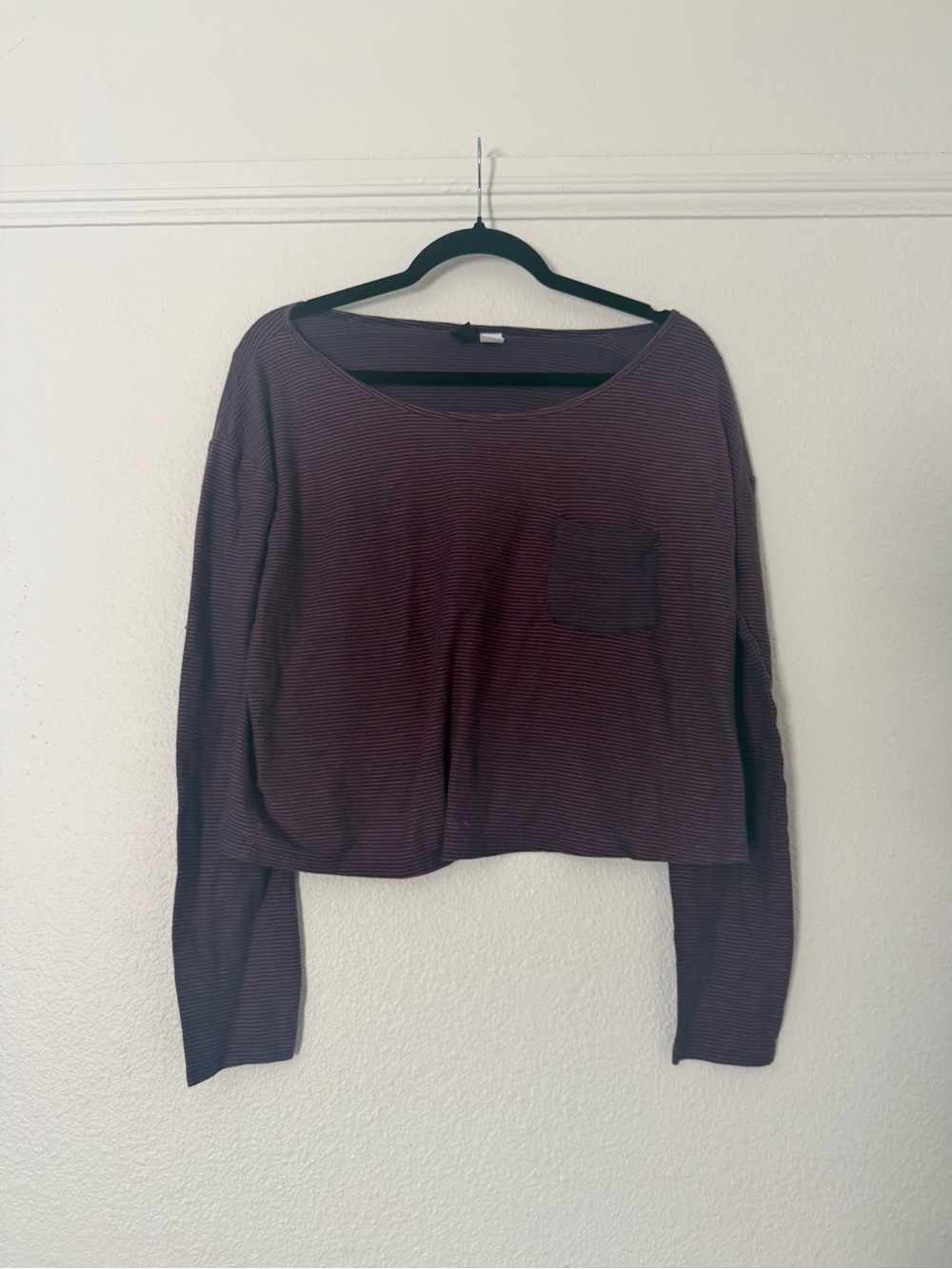 BDG Urban Outfitters Striped Long-Sleeve Cropped Top Blue Burgundy Pocket Tee